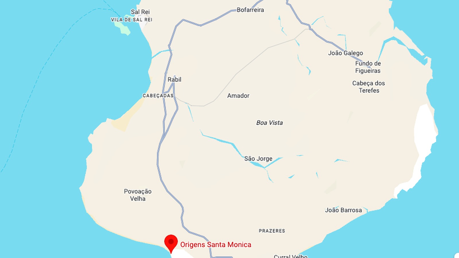 Carte de Boa Vista : Sal Rei au nord, Origens Santa Monica au sud-ouest